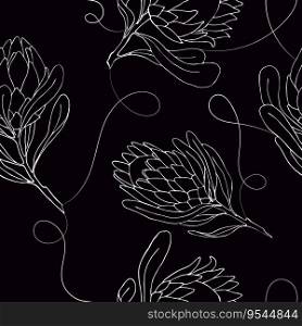 Vector illustration seamless pattern with large buds of a protea flower drawing outline. Textiles, wallpaper, fabric, decoration bedroom and living room