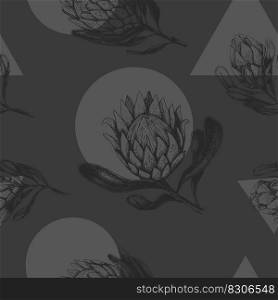 Vector illustration  seamless pattern with large grey buds of a protea flower and geometric figure. Circle and triangle. Textiles, wallpaper, fabric, decoration bedroom and living room