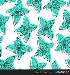 Vector illustration. Seamless pattern with leaves mint. Hand drawn black line plant on white background with green.. Seamless pattern with leaves mint. Hand drawn black line plant on white background with green.