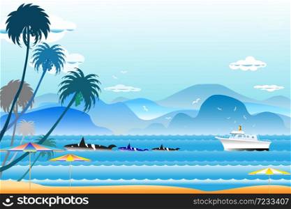 Vector illustration seascape background travel over sea with umbrella and whale family in water wave between archipelago with fishes and the bird flying in sky cloud background at summer time.