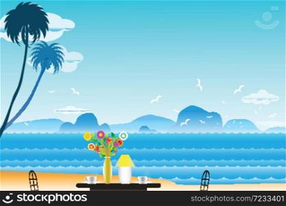 Vector illustration seascape background with coffee near Vases and flowers.