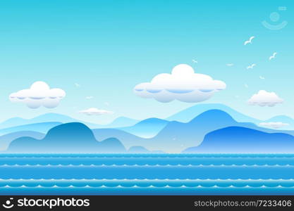 Vector illustration seascape background with mountain range and cloud between archipelago, Blue color with water wave and the birds flying in sky cloud background at summer time.