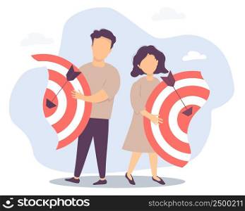 Vector illustration separating the two halves, relationships and teamwork, collaboration and collapse. Business concept - man and woman diverge. Each holds their own half of the target with arrows