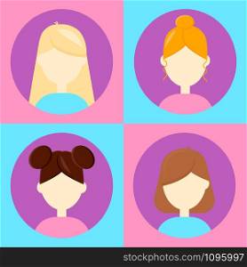 vector illustration. set 4 avatar for users,flat round icon, female, woman, blonde, redhead brunette blue purple pink. vector illustration. set 4 avatar for users,flat round icon, fem