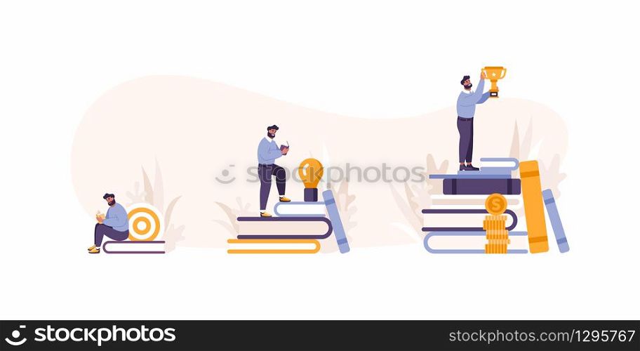Vector illustration set. Flat business concept illustration of business process of target, idea, achievements and mission. Smart solutions, power of knowledge and information help to become successful. Vector illustration set. Flat vector business concept illustration of business process of target, idea, achievements and missions. Smart solutions, power of knowledge and information