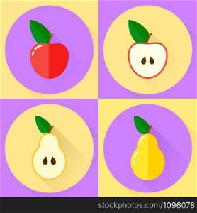 vector illustration. set flat round icon. red apple, half apple, yellow pear, half pear. vector illustration. set flat round icon. red apple, half apple,