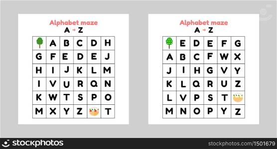 Vector illustration. Set game for preschool and school children. Alphabet maze. Find letters from a to z. Set game for preschool and school children. Alphabet maze. Find letters from a to z