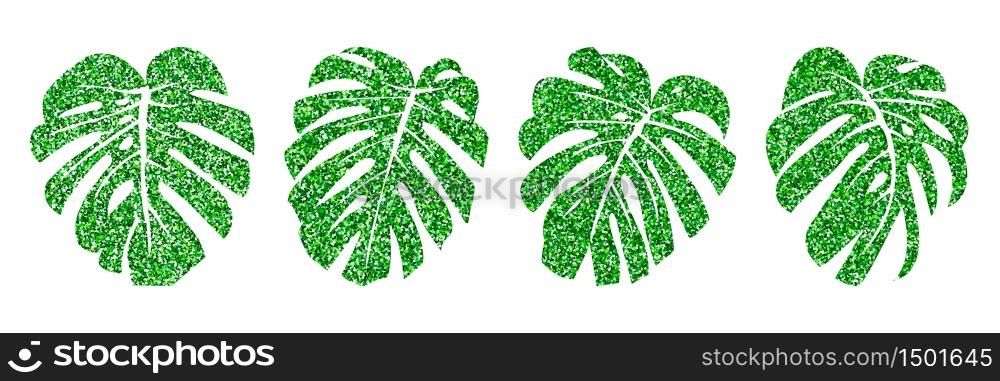 Vector illustration. Set glitter texture green tropical leaves monstera isolated on white background.. Set glitter texture green tropical leaves monstera isolated on white background.