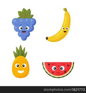 Vector illustration. Set happy cute watermelon, pineapple, grape and banana for kids in cartoon style isolated on white background. Funny character fruit.. Set happy cute watermelon, pineapple, grape and banana for kids in cartoon style isolated on white background. Funny character fruit.
