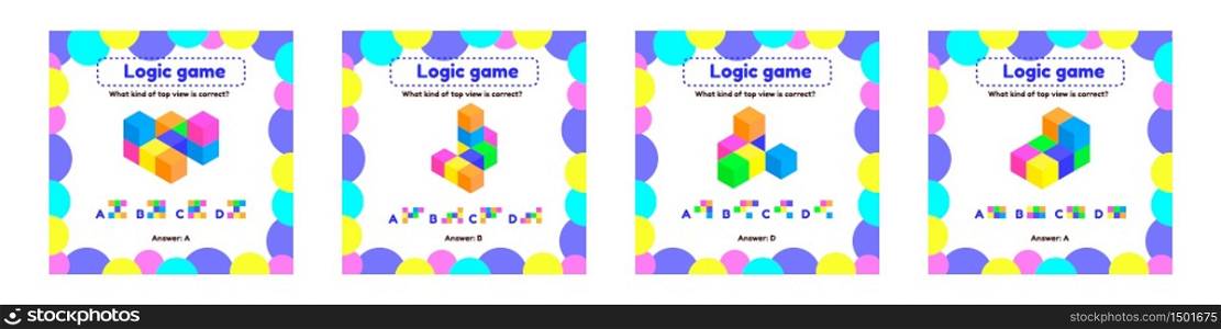 Vector illustration. Set logic game for preschool and school age children. What is the view from the top right.. Set logic game for preschool and school age children. What is the view from the top right.