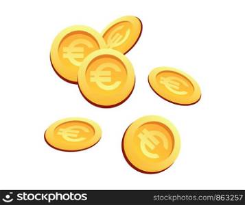 Vector Illustration Set Many Gold Coins Euro Sign. Set Vector IImage Cartoon Set Gold Coins with Euro Sign Isolated White Background. Concept Financial growth Company, City.