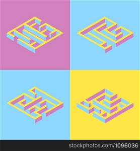 vector illustration. set of 4 abstract square maze, isometric. yellow, blue purple. vector illustration. set of 4 abstract square maze, isometric. y