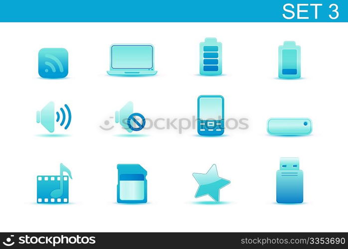 Vector illustration  set of blue elegant simple icons for common computer and media devices functions.Set-3