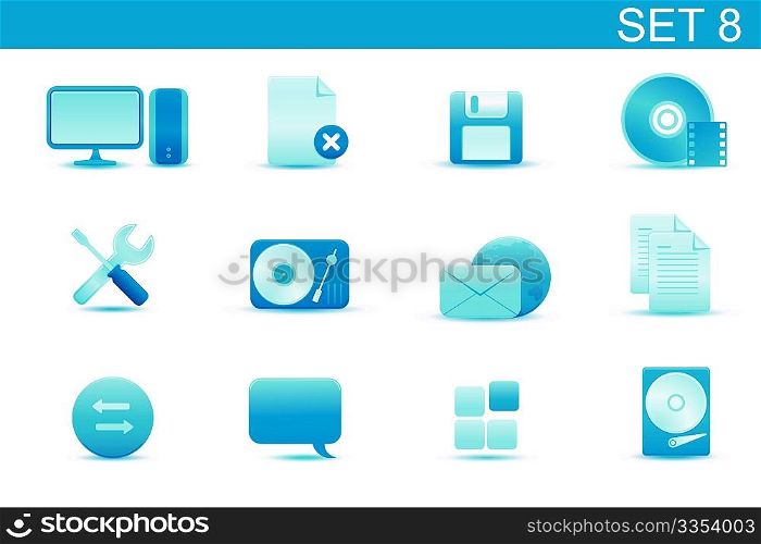 Vector illustration  set of blue elegant simple icons for common computer and media devices functions.Set-8
