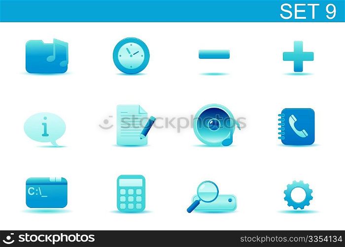 Vector illustration  set of blue elegant simple icons for common computer and media devices functions. Set-9