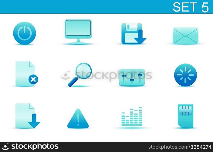 Vector illustration  set of blue elegant simple icons for common computer and media devices functions. Set-5