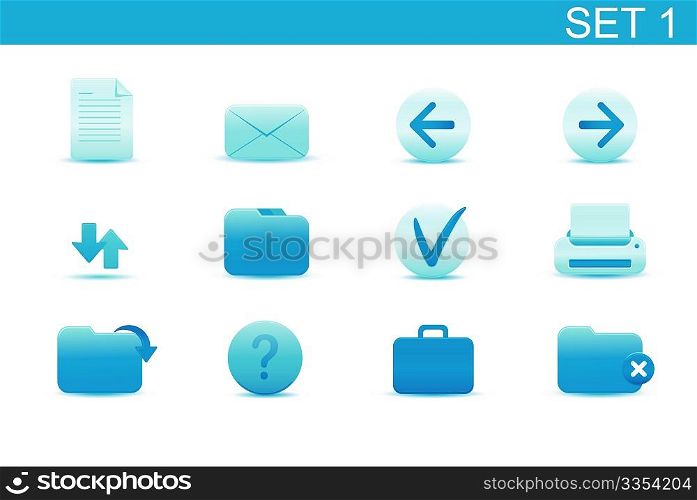 Vector illustration  set of blue elegant simple icons for common computer functions. Set-1