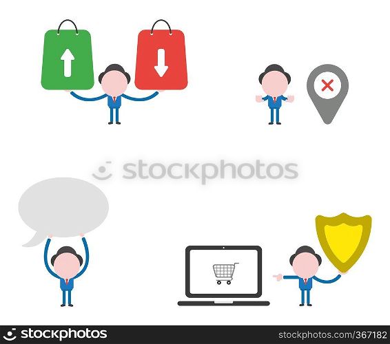 Vector illustration set of businessman character holding shopping bags with arrows up, down, map pointer and x mark, holding up speech bubble and holding guard, pointing shopping cart inside laptop.