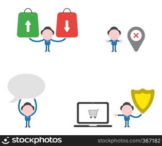 Vector illustration set of businessman character holding shopping bags with arrows up, down, map pointer and x mark, holding up speech bubble and holding guard, pointing shopping cart inside laptop.