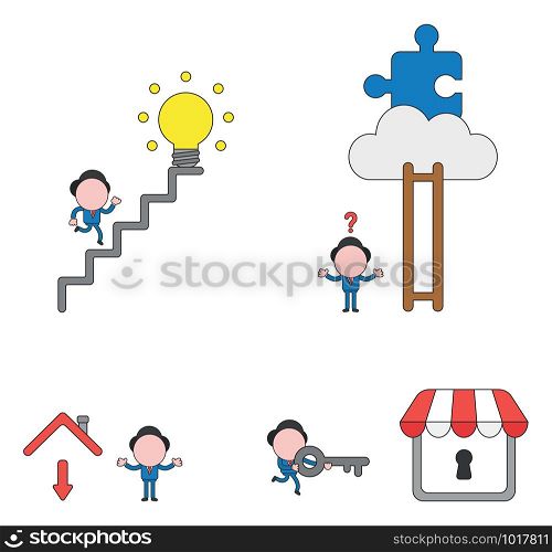 Vector illustration set of businessman character running to light bulb on stairs, confused about ladders missing steps, puzzle on cloud, arrow down under house roof, carrying key to unlock store.