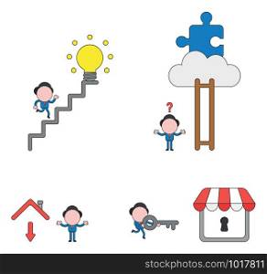 Vector illustration set of businessman character running to light bulb on stairs, confused about ladders missing steps, puzzle on cloud, arrow down under house roof, carrying key to unlock store.