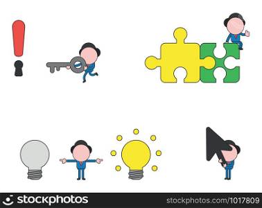 Vector illustration set of businessman mascot character carrying key to unlock exclamation mark keyhole, sitting on two connected puzzle betwen grey and glowing light bulbs and holding mouse cursor.