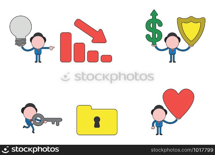 Vector illustration set of businessman mascot character holding grey light bulb bad idea and pointing sales bar moving down, holding dollar arrow up and guard shield, running and carrying key to unlock file folder, holding heart.