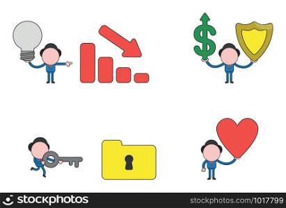 Vector illustration set of businessman mascot character holding grey light bulb bad idea and pointing sales bar moving down, holding dollar arrow up and guard shield, running and carrying key to unlock file folder, holding heart.