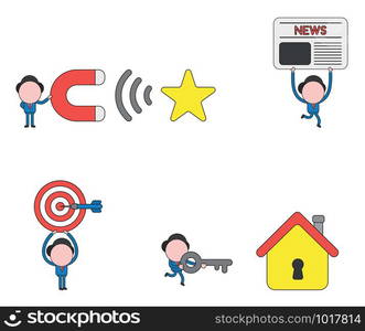 Vector illustration set of businessman mascot character holding magnet and attracting star, carrying newspaper, holding up bulls eye and dart in the center, carrying key to unlock house.