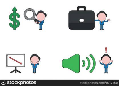 Vector illustration set of businessman mascot character holding magnifying glass to dollar arrow moving up, holding briefcase, surprised at sales chart arrow moving down and with sound on symbol and closed ears.