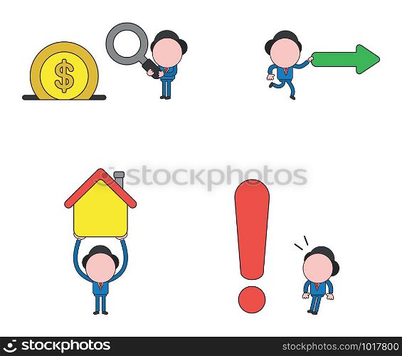 Vector illustration set of businessman mascot character holding magnifying glass to dollar coin inside moneybox, running and holding arrow, holding up house and looking big exclamation mark.