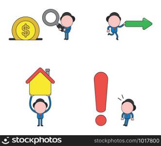 Vector illustration set of businessman mascot character holding magnifying glass to dollar coin inside moneybox, running and holding arrow, holding up house and looking big exclamation mark.