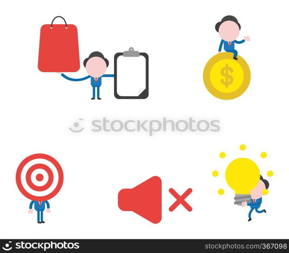 Vector illustration set of businessman mascot character holding shopping bag and clipboard with blank paper, sitting on dollar money coin, with bulls eye head and carrying light bubl idea to sound off icon.