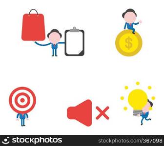 Vector illustration set of businessman mascot character holding shopping bag and clipboard with blank paper, sitting on dollar money coin, with bulls eye head and carrying light bubl idea to sound off icon.