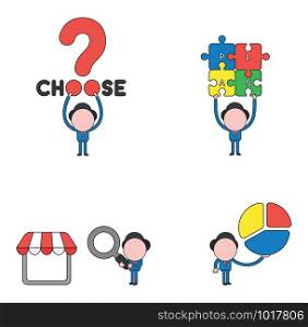 Vector illustration set of businessman mascot character holding up choose with question mark, four connected plan puzzle pieces, holding magnifying glass to shop store and holding diagram pie.