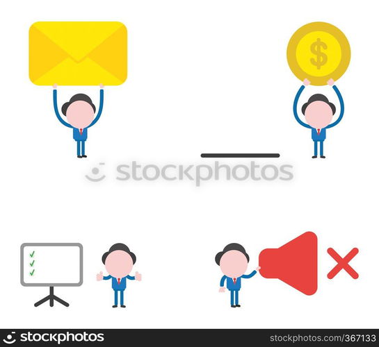 Vector illustration set of businessman mascot character holding up closed mail envelope and dollar money coin with moneybox, with three check marks inside presentation chart, holding sound off symbol.