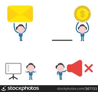 Vector illustration set of businessman mascot character holding up closed mail envelope and dollar money coin with moneybox, with three check marks inside presentation chart, holding sound off symbol.