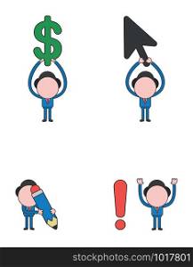 Vector illustration set of businessman mascot character holding up dollar money, mouse cursor arrow, holding pencil and with exclamation mark.