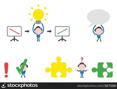 Vector illustration set of businessman mascot character holding up glowing light bulb idea between sales charts down and up, walking and holding speech bubble, carrying check mark to exclamation mark, between incompatible puzzle pieces.