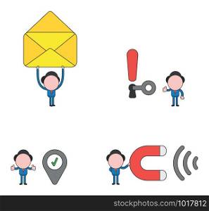 Vector illustration set of businessman mascot character holding up open envelope, unlock exclamation mark keyhole with key, with map pointer and check mark, holding magnet and attracting.