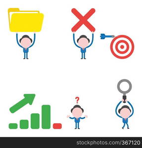 Vector illustration set of businessman mascot character holding up open file folder, x mark and bulls eye with dart miss the target, with sales bar graph moving up and down, walking and carrying magnifying glass.