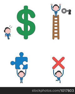 Vector illustration set of businessman mascot character looking big dollar money symbol, at top of ladder and unlock keyhole with key, holding up missing puzzle piece and running, carrying x mark.