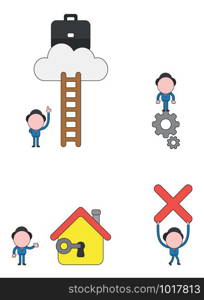 Vector illustration set of businessman mascot character reach briefcase with ladder on cloud, on gears, unlock house with key, carrying x mark.