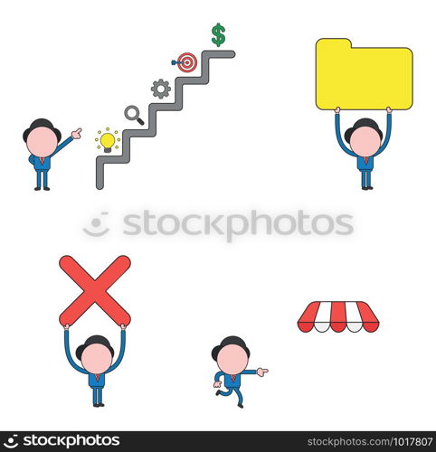 Vector illustration set of businessman mascot character showing top of stairs, ligt bulb, magnifier, gear, bulls eye and dollar, holding up file folder and x mark and running, pointing shop store awning.