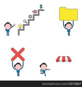 Vector illustration set of businessman mascot character showing top of stairs, ligt bulb, magnifier, gear, bulls eye and dollar, holding up file folder and x mark and running, pointing shop store awning.