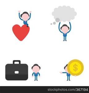 Vector illustration set of businessman mascot character sitting on heart, holding up thought bubble, with briefcase, holding dollar money coin and pointing.