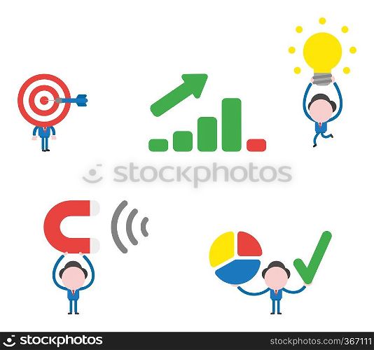 Vector illustration set of businessman mascot character with bulls eye head and dart in the center, carrying light bulb idea to sales bar graph moving up and down, holding magnet attracting, holding diagram pie and check mark.