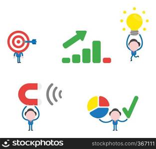 Vector illustration set of businessman mascot character with bulls eye head and dart in the center, carrying light bulb idea to sales bar graph moving up and down, holding magnet attracting, holding diagram pie and check mark.
