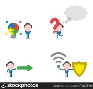 Vector illustration set of businessman mascot character with connected light bulb puzzle, running and holding question mark with thought bubble, holding arrow, holding wireless wifi and guard shield.