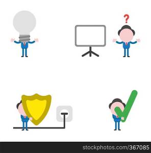Vector illustration set of businessman mascot character with grey light bulb head, blank presentation chart, holding guard shield and plug plugged into outlet and holding check mark.